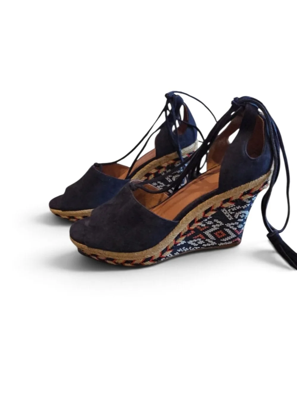 CAbi Navy Suede Espadrille Wedge Sandals with Lace-Up Back